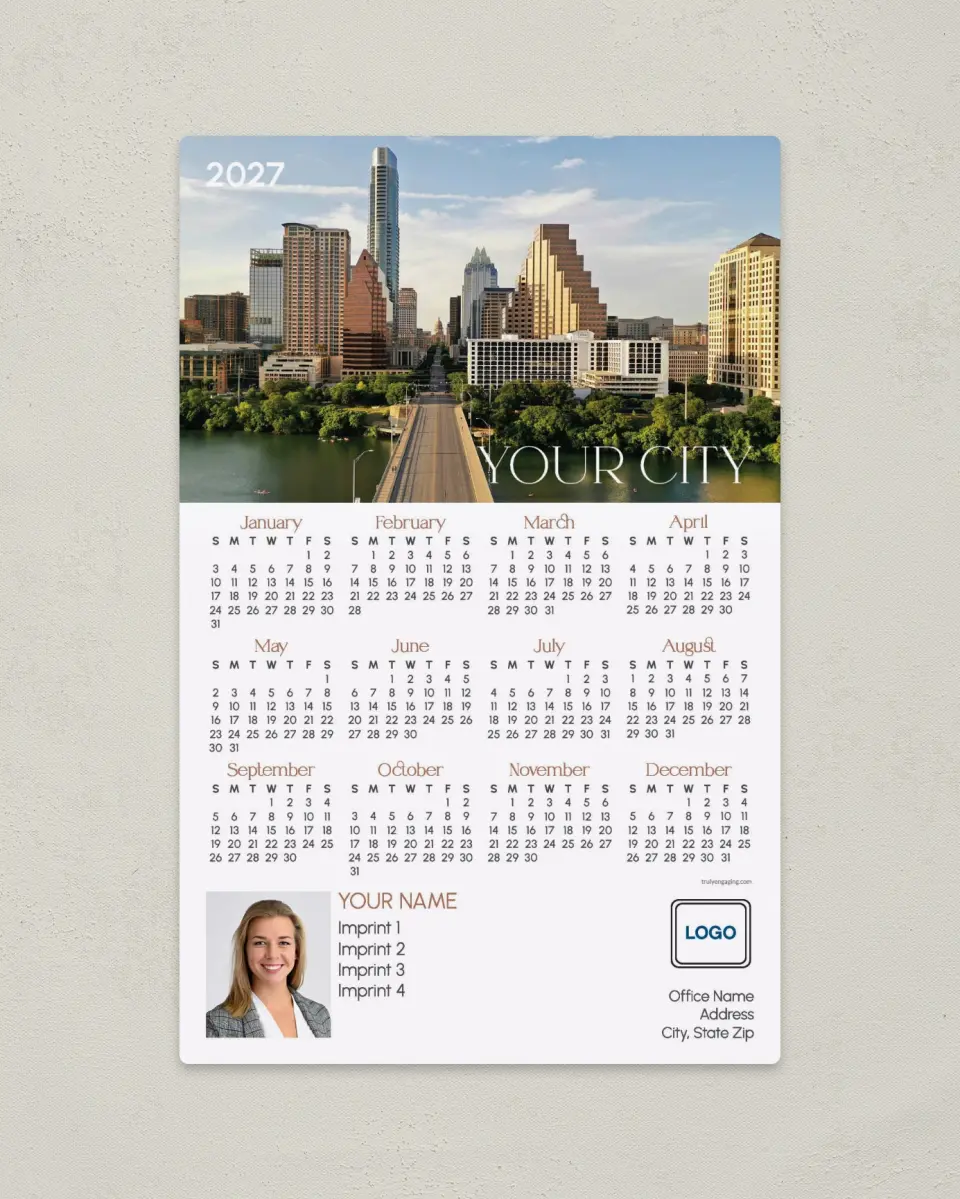 This is a 5½" x 8½" Full Magnet Calendar called Tailored Skyline printed in full color with a Standard Gloss finish
