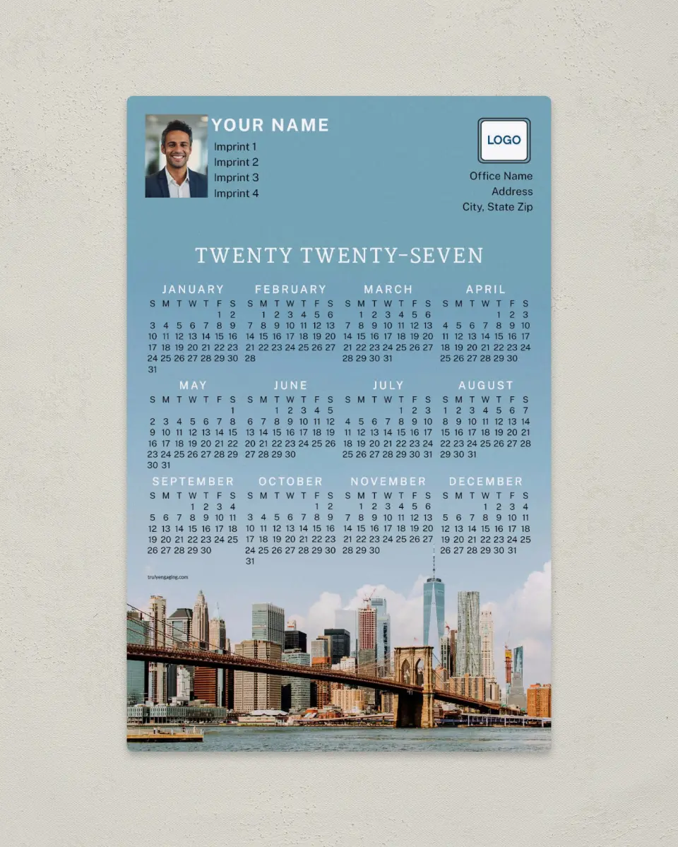 This is a 5½" x 8½" Full Magnet Calendar called Skyline Splendor printed in full color with a Standard Gloss finish