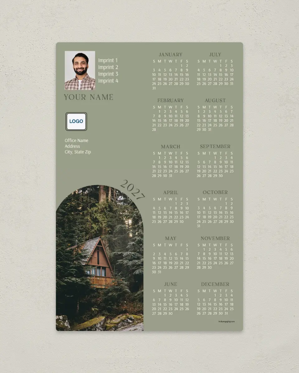 This is a 5½" x 8½" Full Magnet Calendar called Cozy Cabin printed in full color with a Standard Gloss finish