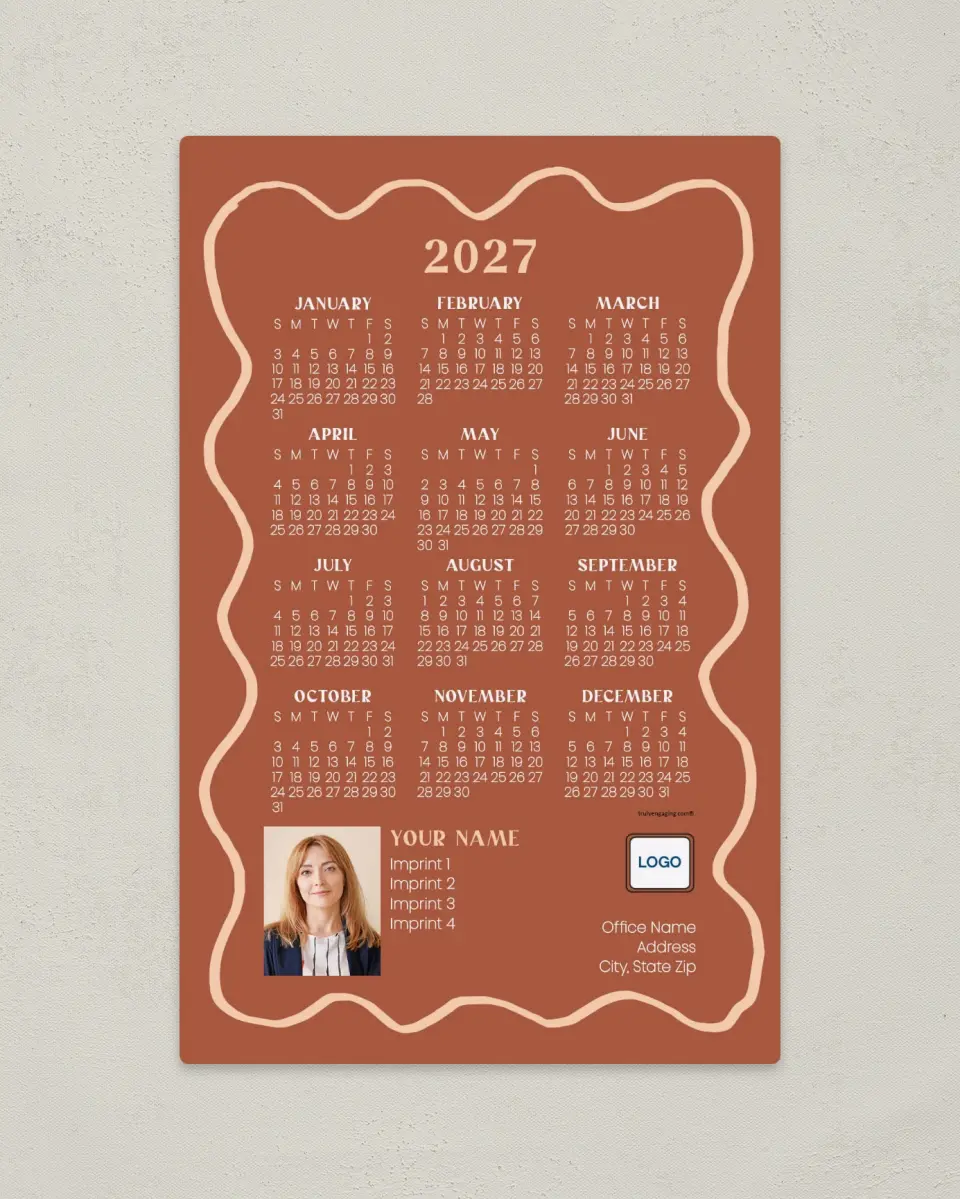 This is a 5½" x 8½" Full Magnet Calendar called Playful Waves printed in full color with a Standard Gloss finish