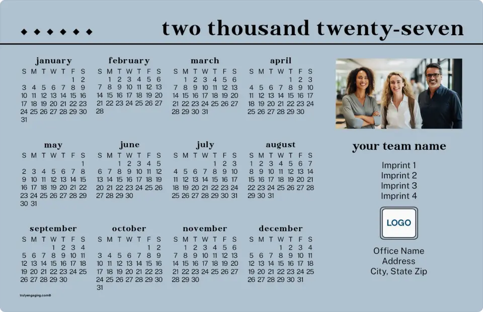 This is a 5½" x 8½" Full Magnet Calendar called Serenity Slate printed in full color with Silver foil and a Soft Touch finish