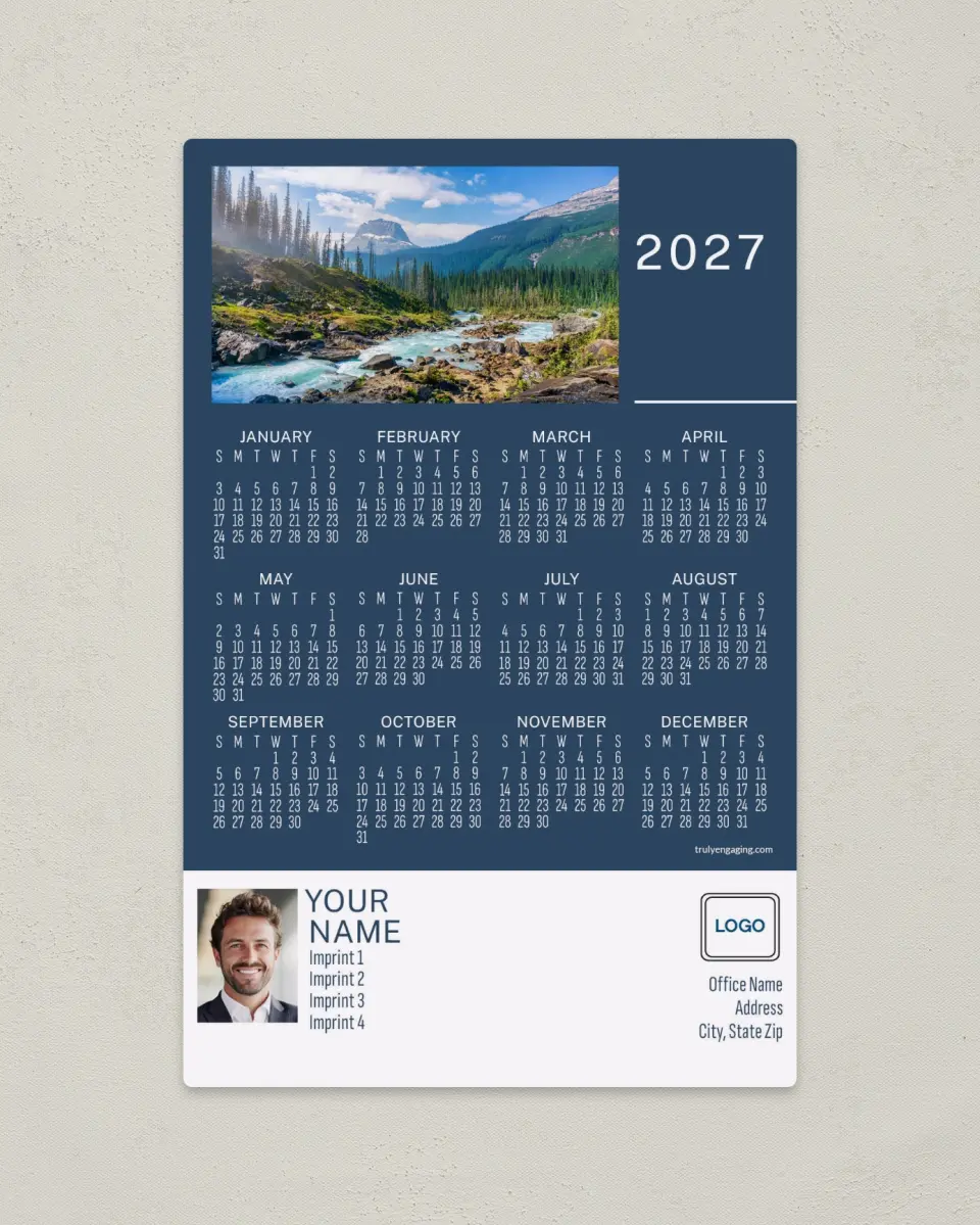 This is a 5½" x 8½" Full Magnet Calendar called Tranquil Falls printed in full color with a Standard Gloss finish