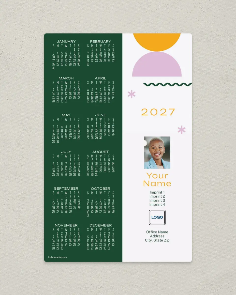 This is a 5½" x 8½" Full Magnet Calendar called Vibrant Dots printed in full color with a Standard Gloss finish