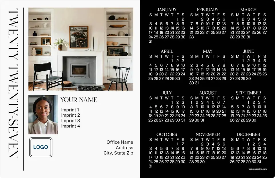 This is a 5½" x 8½" Full Magnet Calendar called Contrast Living printed in full color with Gold foil and a Soft Touch finish