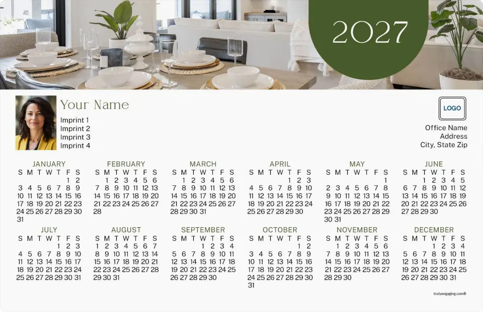 This is a 5½" x 8½" Full Magnet Calendar called Kitchen Table Reflections printed in full color with Gold foil and a Soft Touch finish