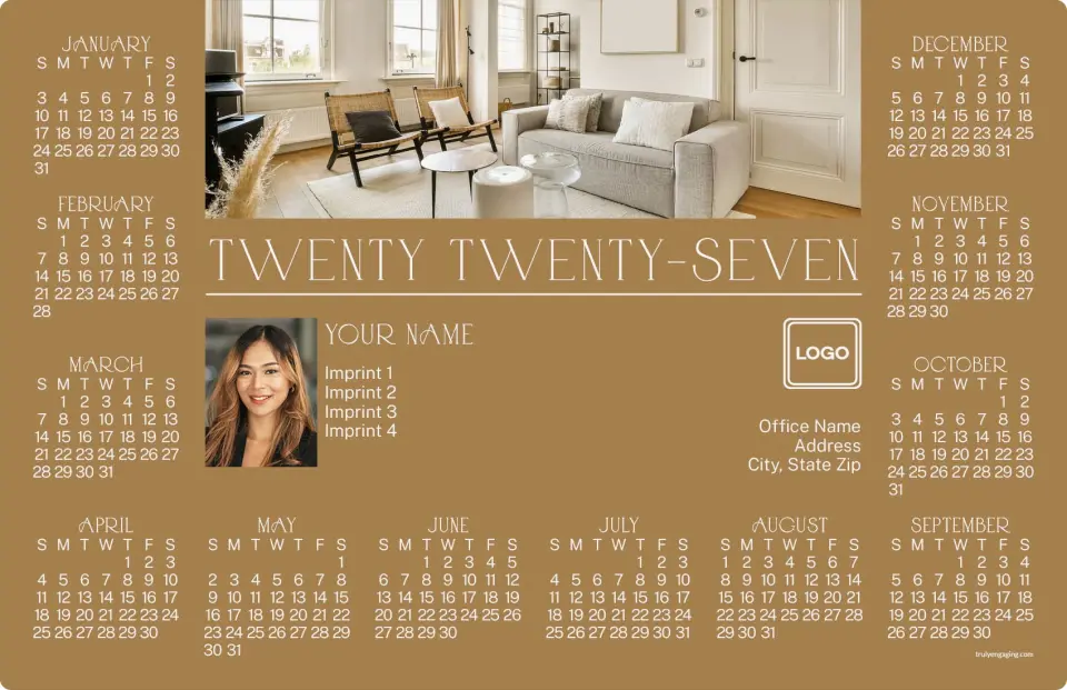 This is a 5½" x 8½" Full Magnet Calendar called Cozy Living printed in full color with Gold foil and a Soft Touch finish