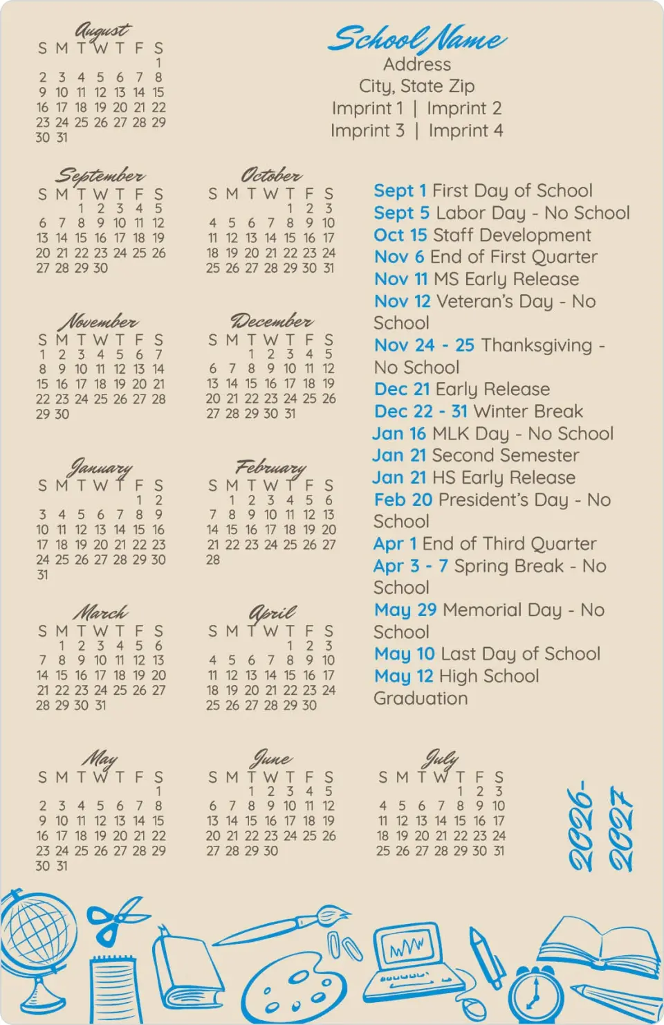 This is a 5½" x 8½" School Calendar Magnet called School Year Snapshot printed in full color