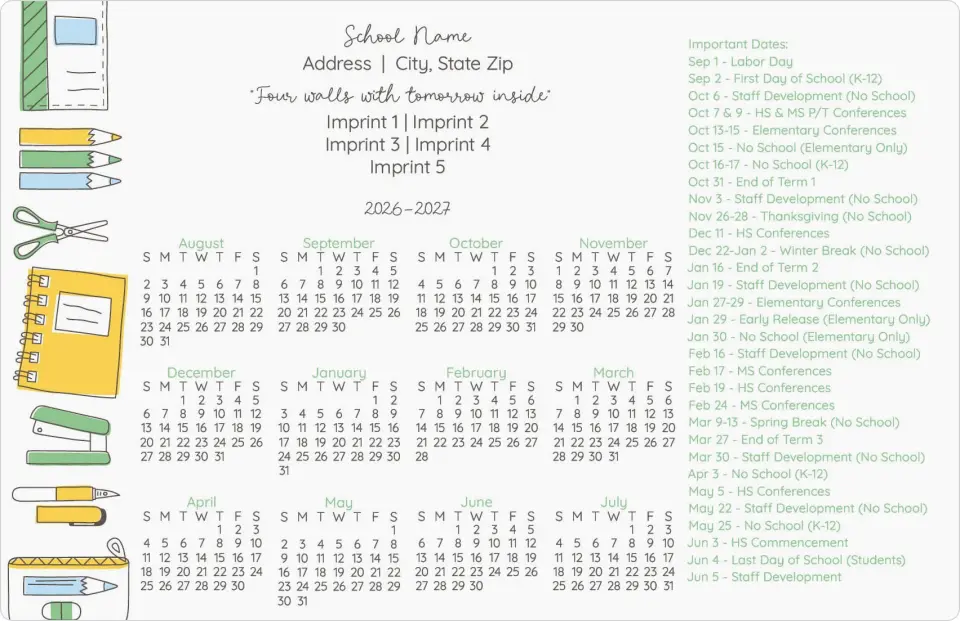 This is a 5½" x 8½" School Calendar Magnet called Yearly Essentials printed in full color
