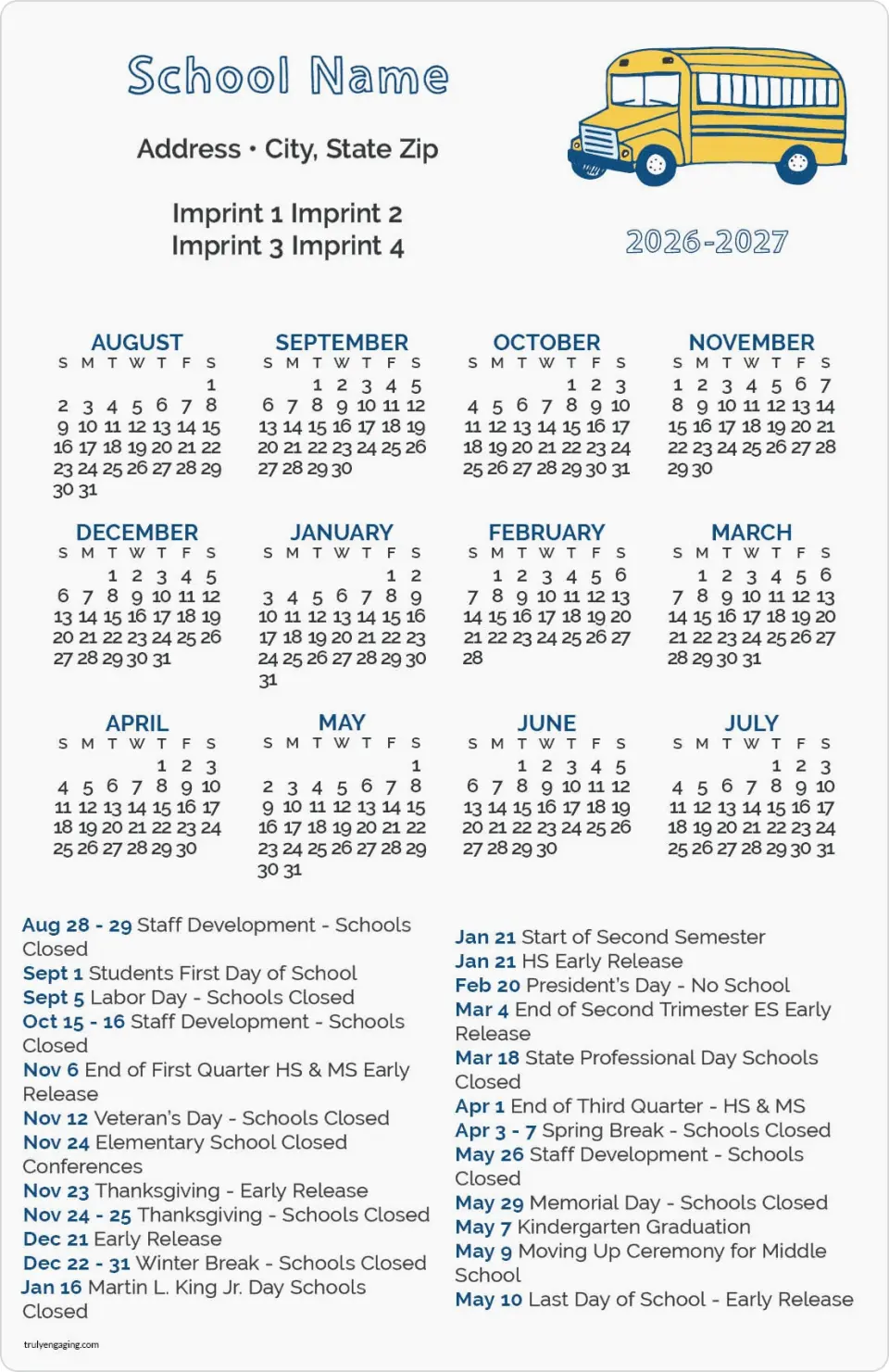 This is a 5½" x 8½" School Calendar Magnet called Class Act printed in full color