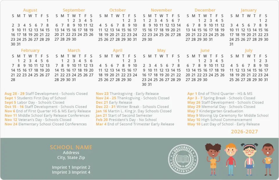 This is a 5½" x 8½" School Calendar Magnet called Schooyard Fun printed in full color