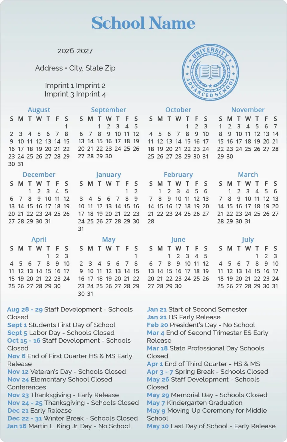 This is a 5½" x 8½" School Calendar Magnet called Academic Milestones printed in full color