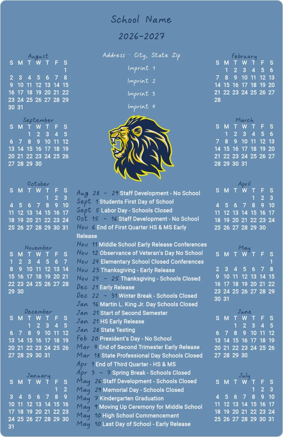 This is a 5½" x 8½" School Calendar Magnet called School Spirit printed in full color