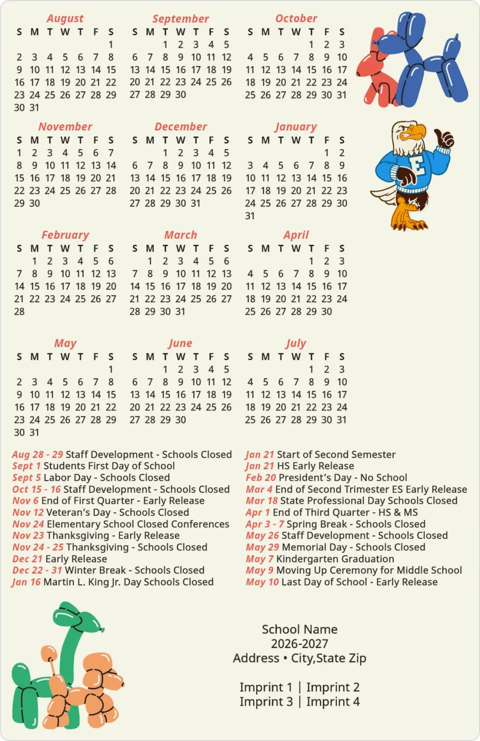 This is a 5½" x 8½" School Calendar Magnet called Balloons and Buddies printed in full color