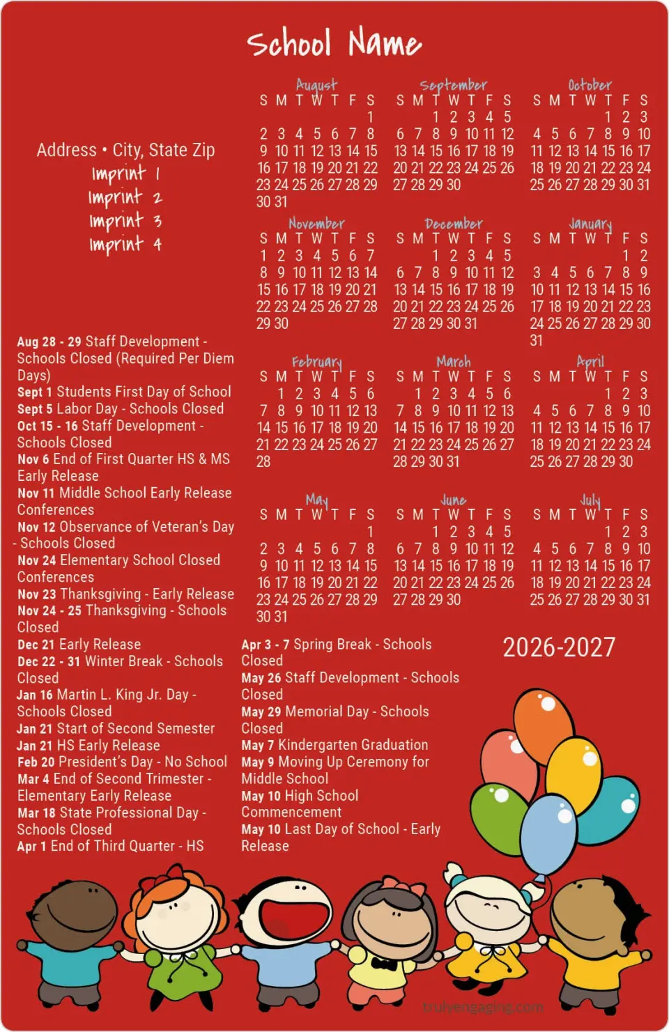 This is a 5½" x 8½" School Calendar Magnet called Float Into Fun printed in full color