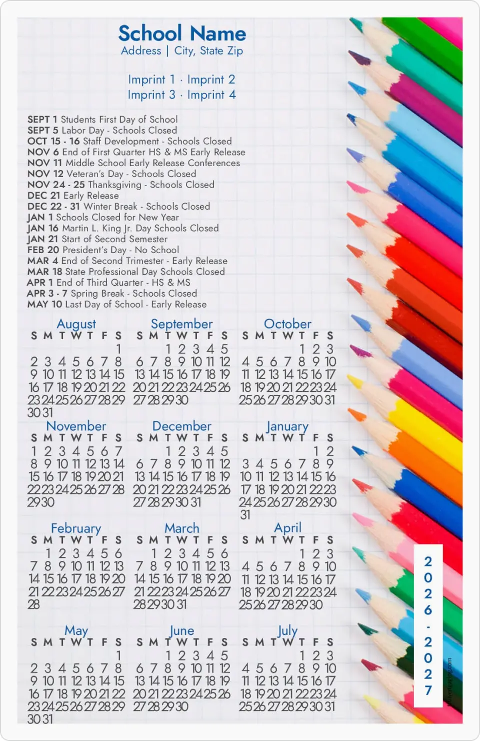 This is a 5½" x 8½" School Calendar Magnet called Color Your Year printed in full color