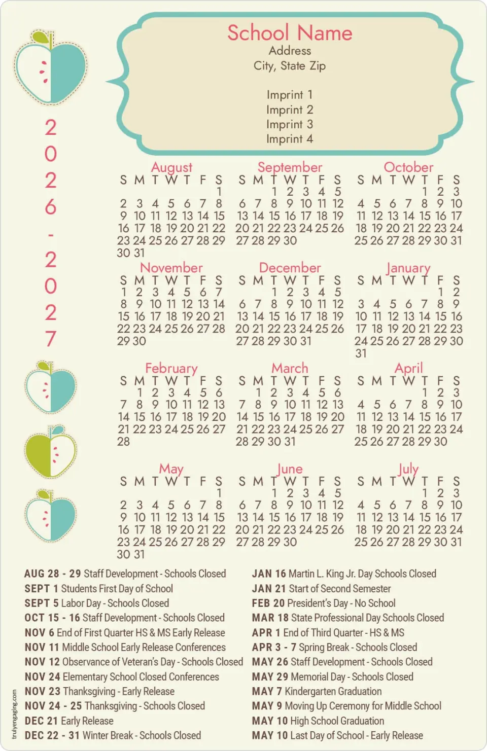 This is a 5½" x 8½" School Calendar Magnet called Apple of the Year printed in full color