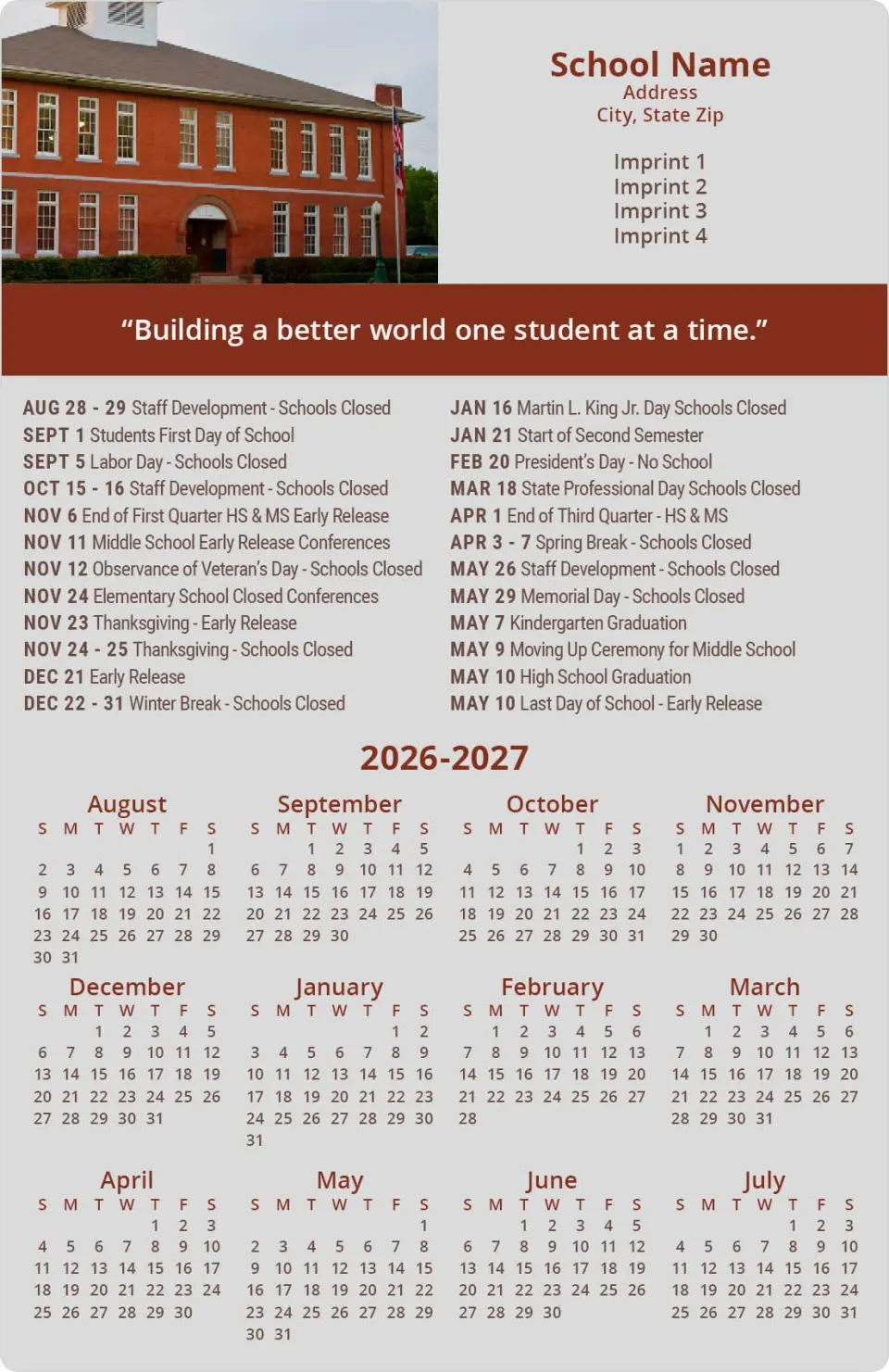 This is a 5½" x 8½" School Calendar Magnet called Classroom Chronicles printed in full color