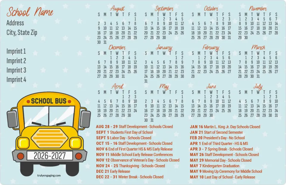 This is a 5½" x 8½" School Calendar Magnet called Gold Star Goals printed in full color