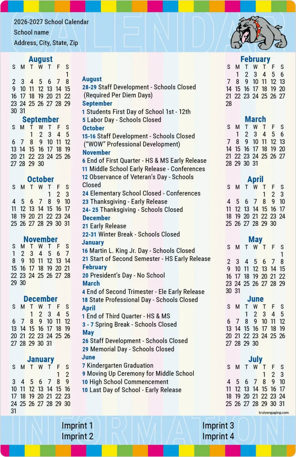 This is a 5½" x 8½" School Calendar Magnet called Campus Colors printed in full color