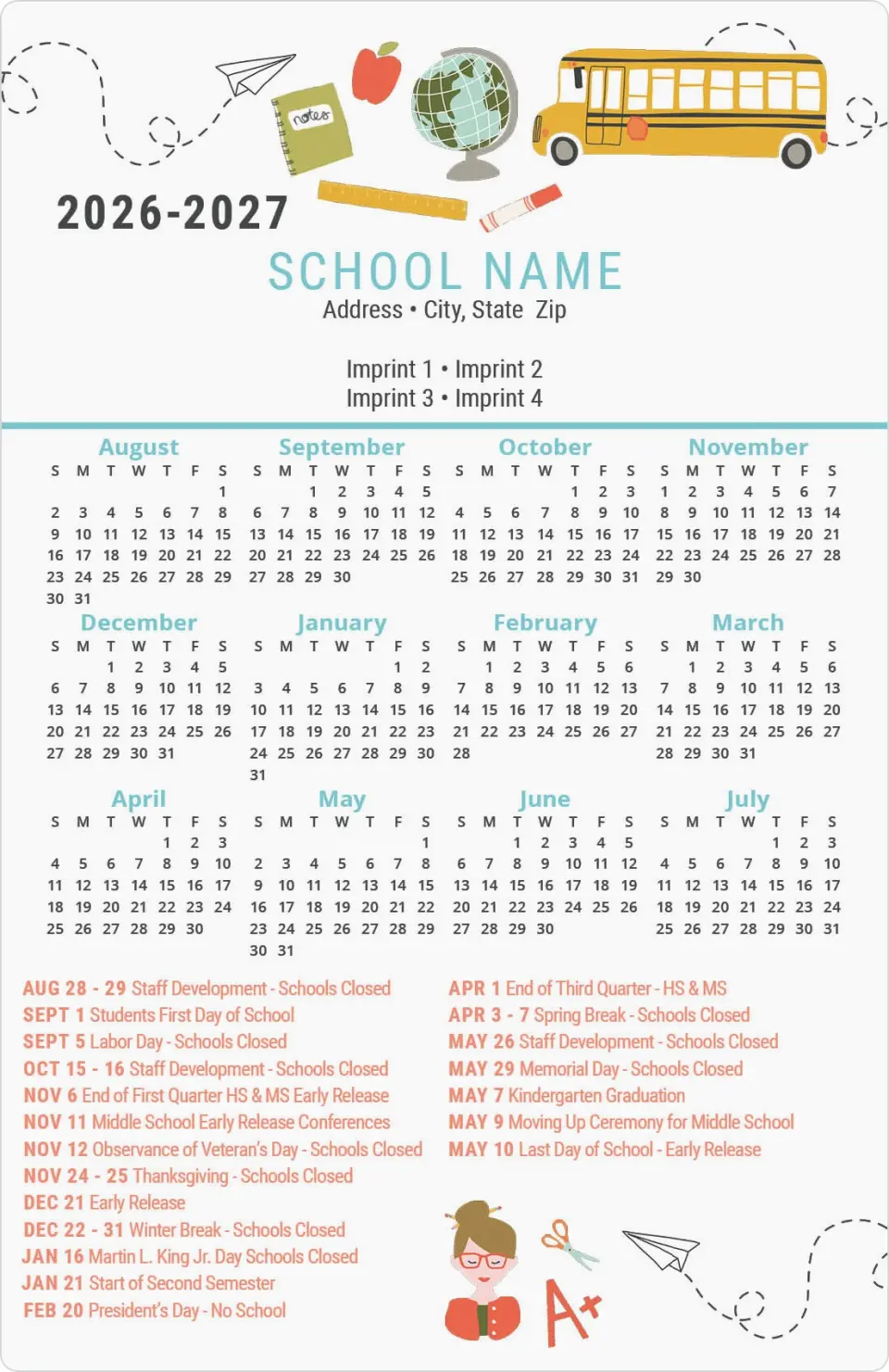 This is a 5½" x 8½" School Calendar Magnet called Crayons and Calculators printed in full color