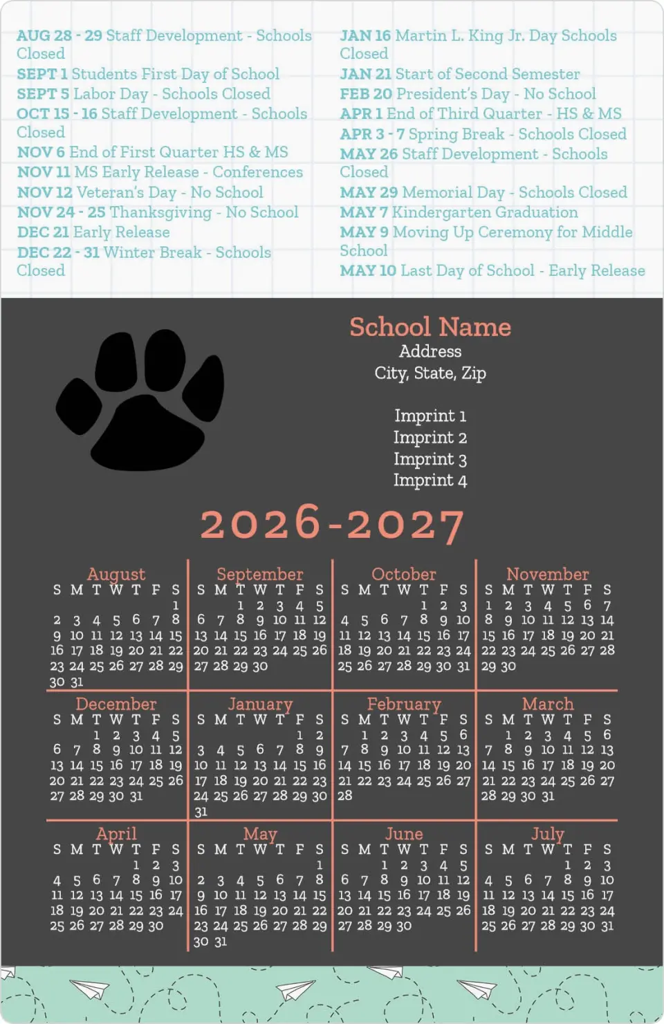 This is a 5½" x 8½" School Calendar Magnet called Flying Through the Year printed in full color