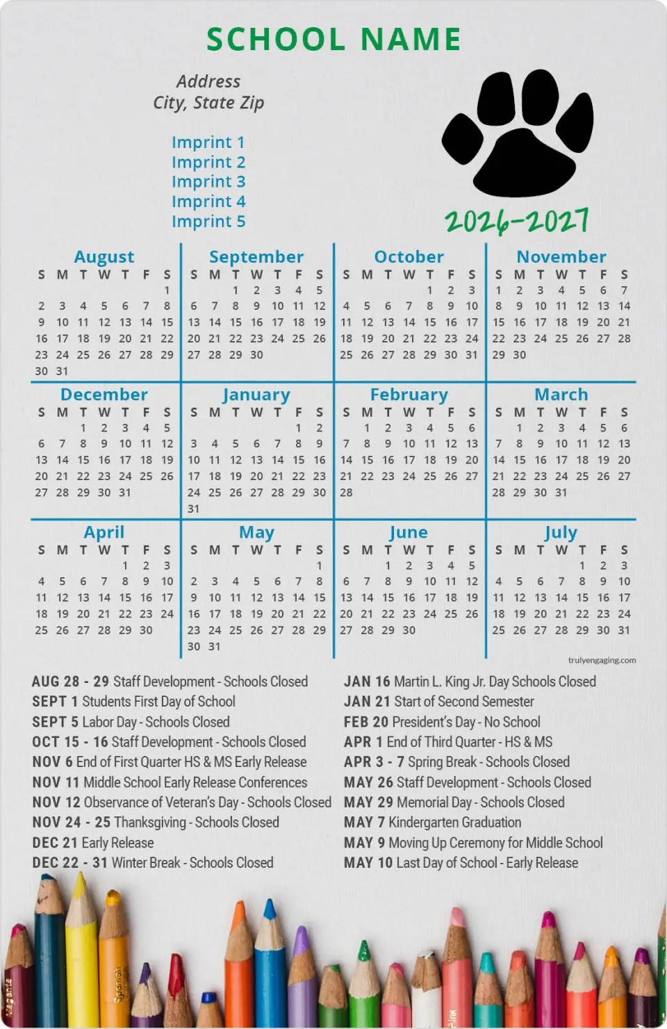 This is a 5½" x 8½" School Calendar Magnet called Pencil It In printed in full color