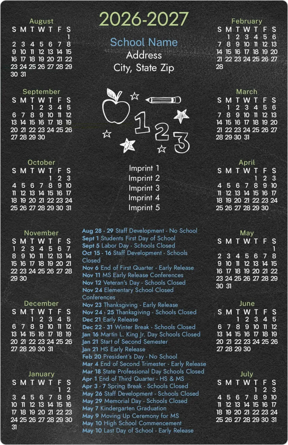 This is a 5½" x 8½" School Calendar Magnet called Back to the Chalkboard printed in full color