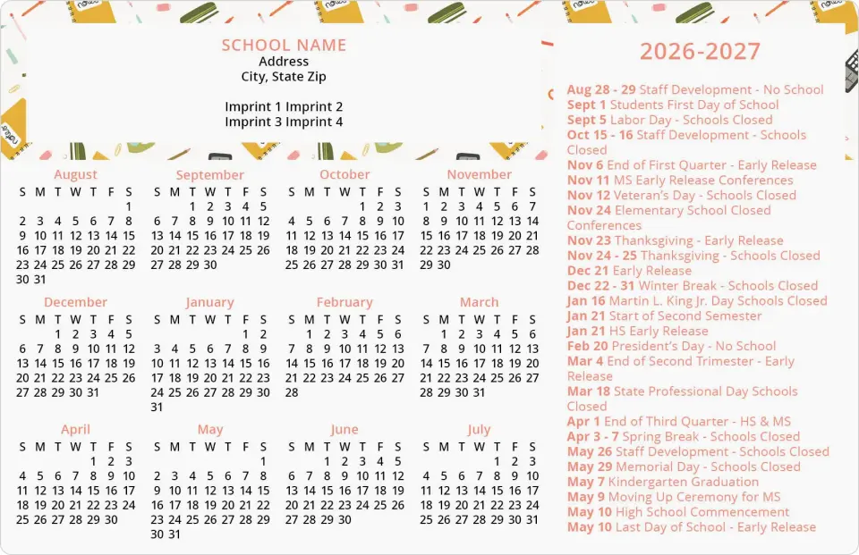 This is a 5½" x 8½" School Calendar Magnet called School Year Supplies printed in full color