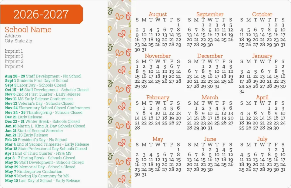 This is a 5½" x 8½" School Calendar Magnet called Cutting Through the Year printed in full color