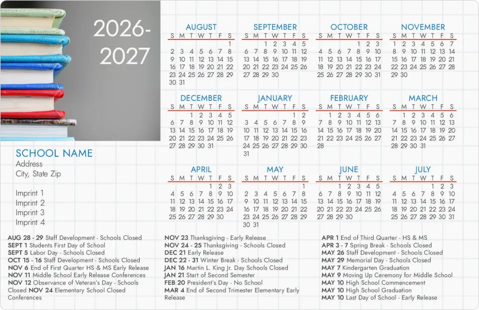 This is a 5½" x 8½" School Calendar Magnet called Book Stack printed in full color