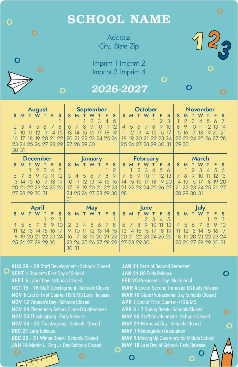 This is a 5½" x 8½" School Calendar Magnet called Counting Down printed in full color