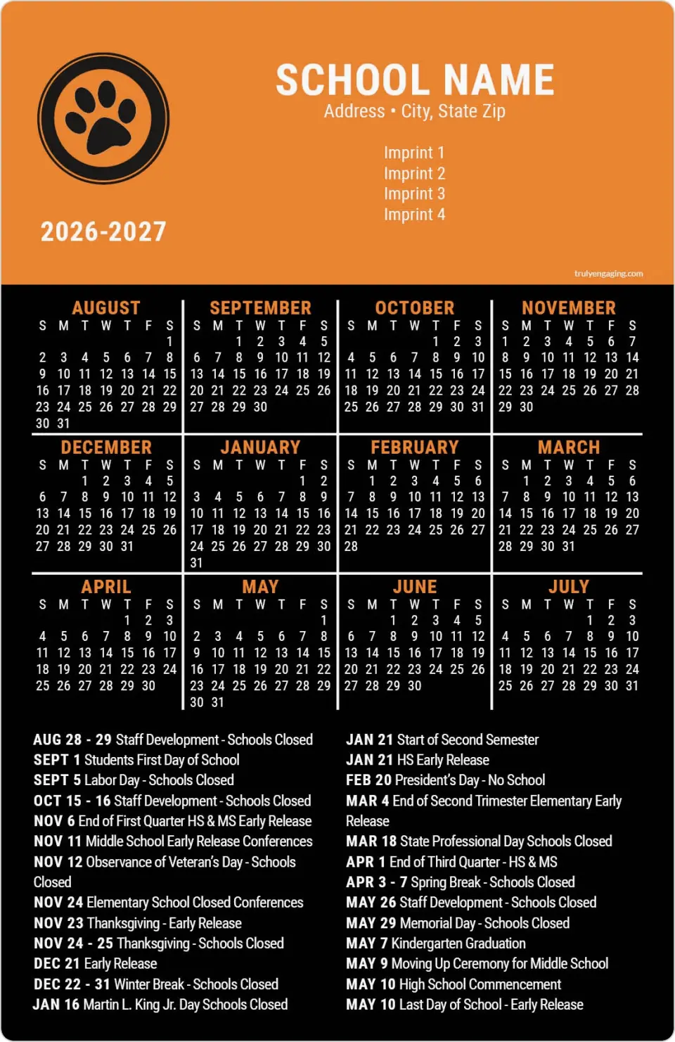 This is a 5½" x 8½" School Calendar Magnet called The Year Ahead printed in full color