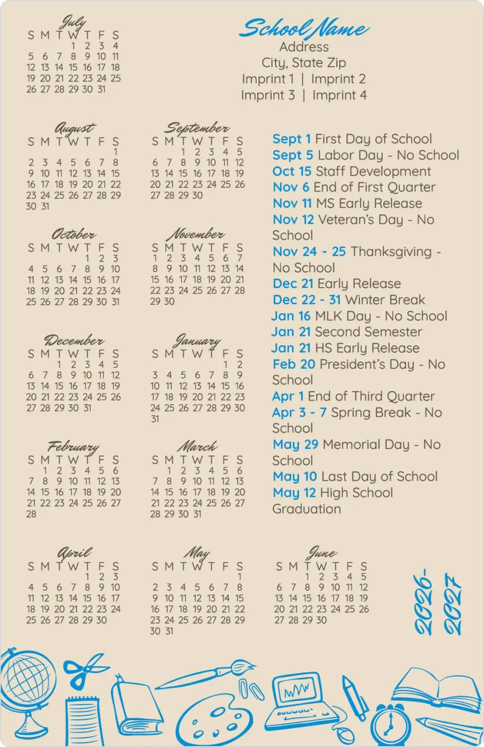 This is a 5½" x 8½" School Calendar Magnet called School Year Snapshot printed in full color