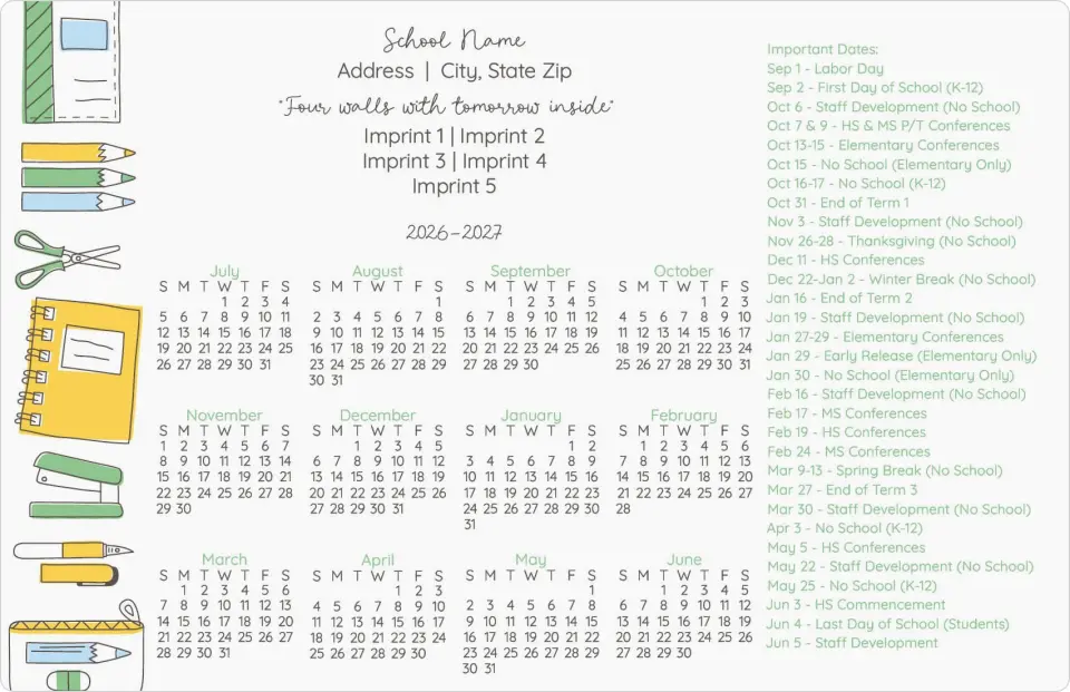 This is a 5½" x 8½" School Calendar Magnet called Yearly Essentials printed in full color