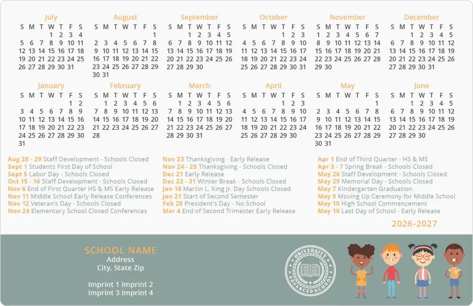 This is a 5½" x 8½" School Calendar Magnet called Schoolyard Fun printed in full color