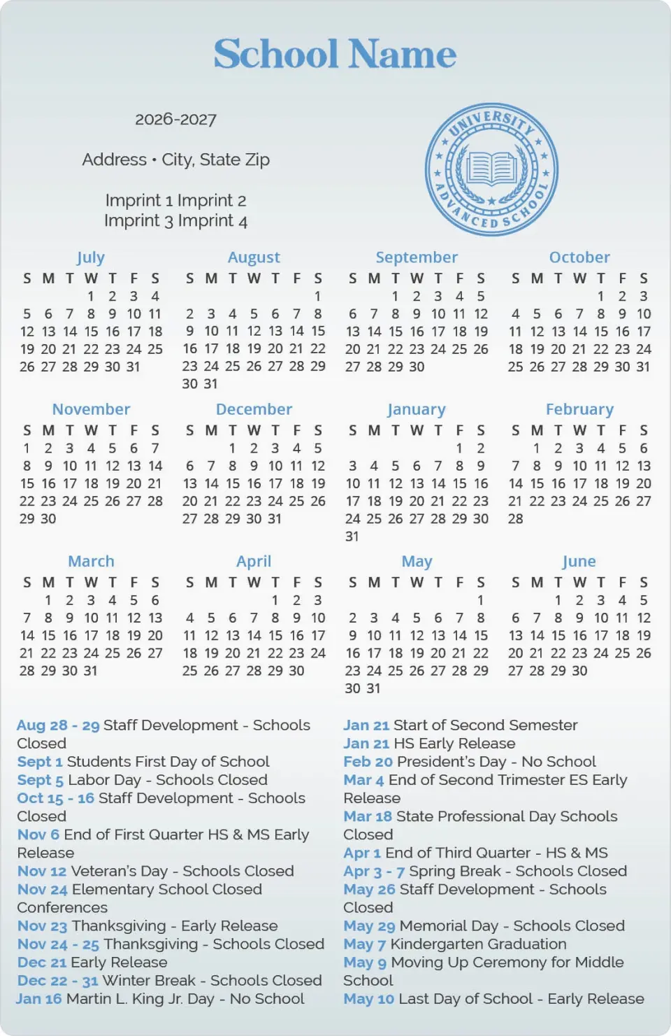 This is a 5½" x 8½" School Calendar Magnet called Academic Milestones printed in full color