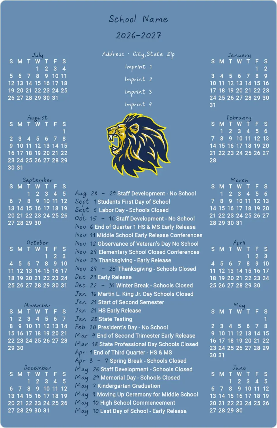 This is a 5½" x 8½" School Calendar Magnet called School Spirit printed in full color