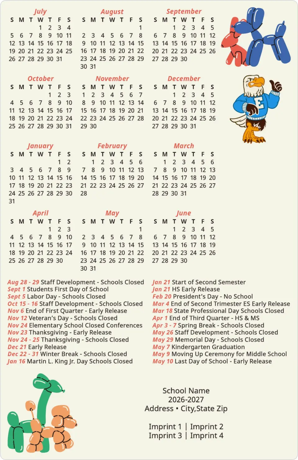 This is a 5½" x 8½" School Calendar Magnet called Balloons and Buddies printed in full color