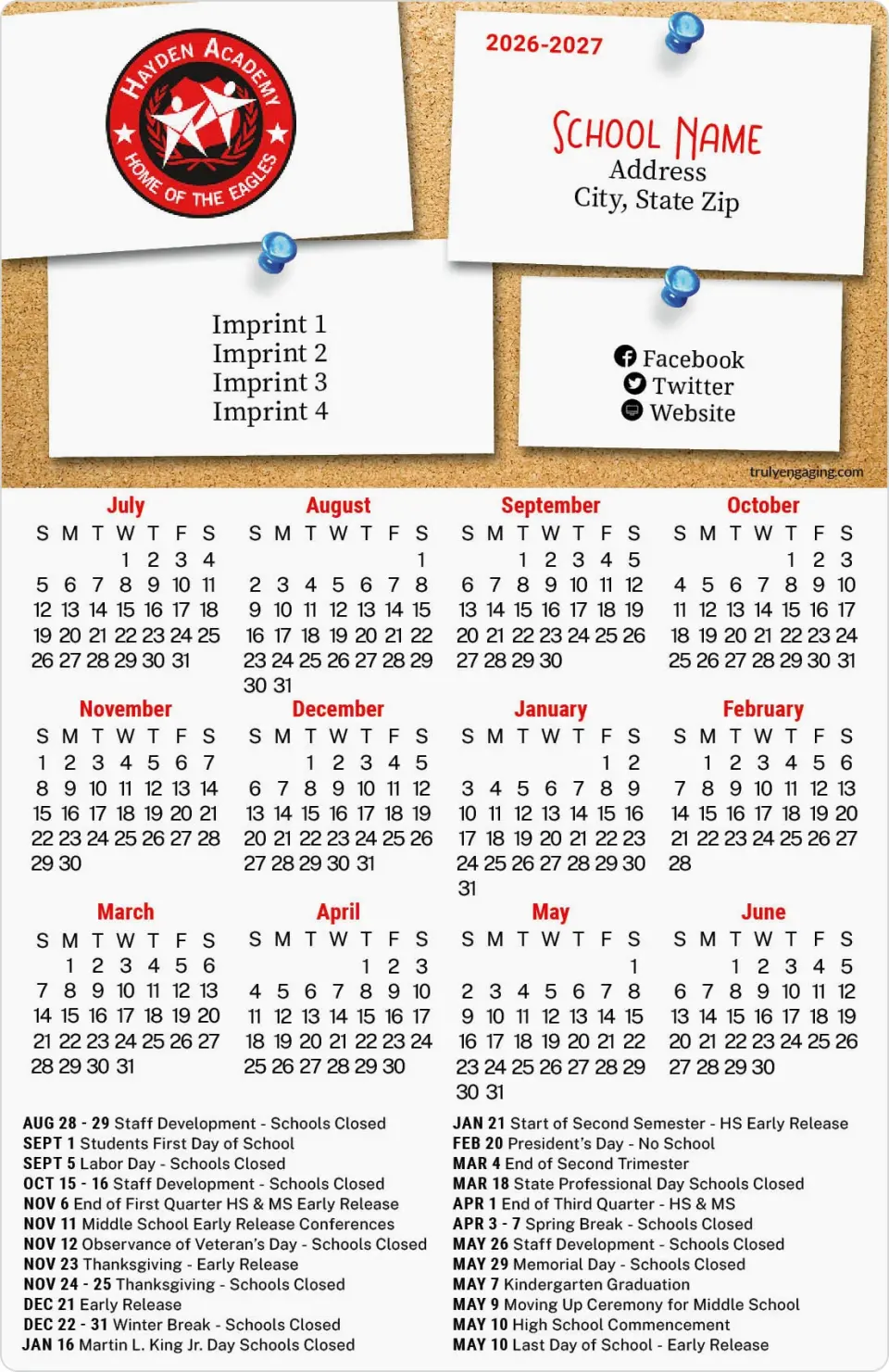 This is a 5½" x 8½" School Calendar Magnet called Cork It Up printed in full color