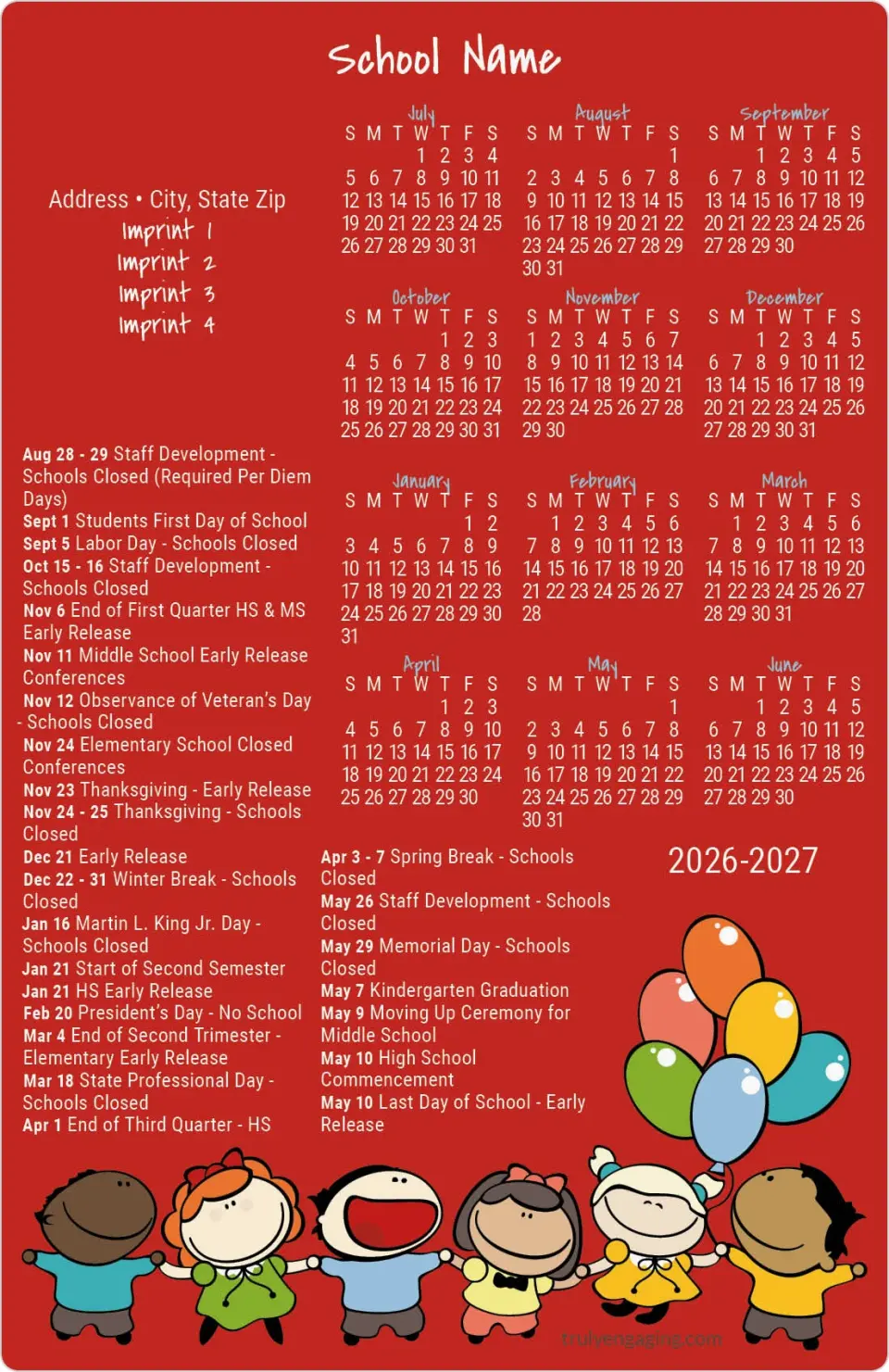 This is a 5½" x 8½" School Calendar Magnet called Float Into Fun printed in full color