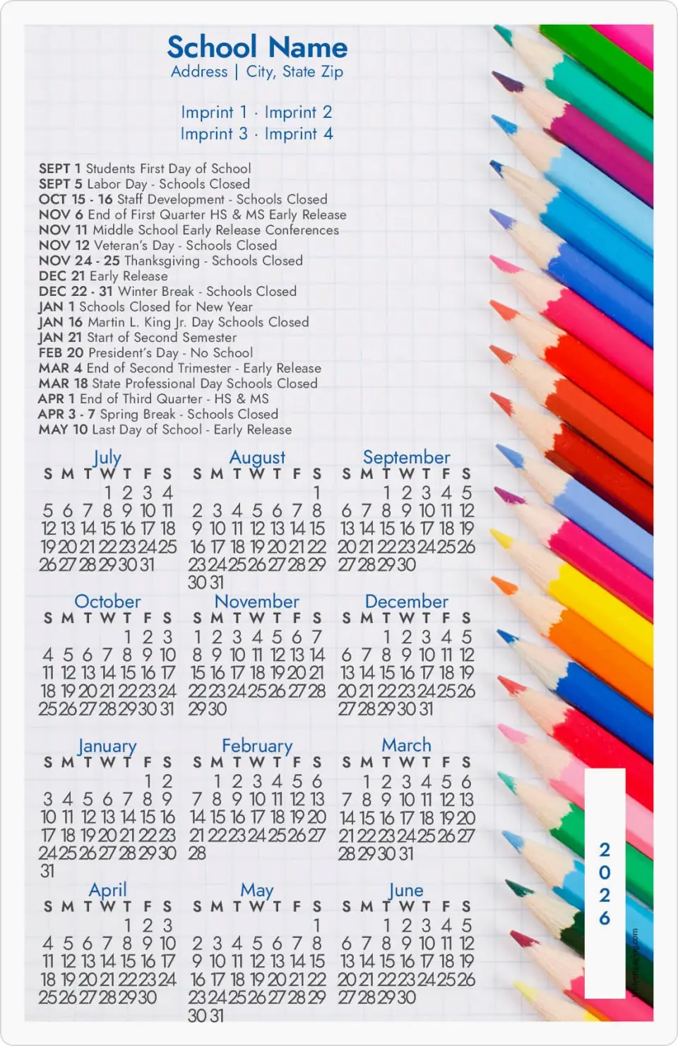 This is a 5½" x 8½" School Calendar Magnet called Color Your Year printed in full color