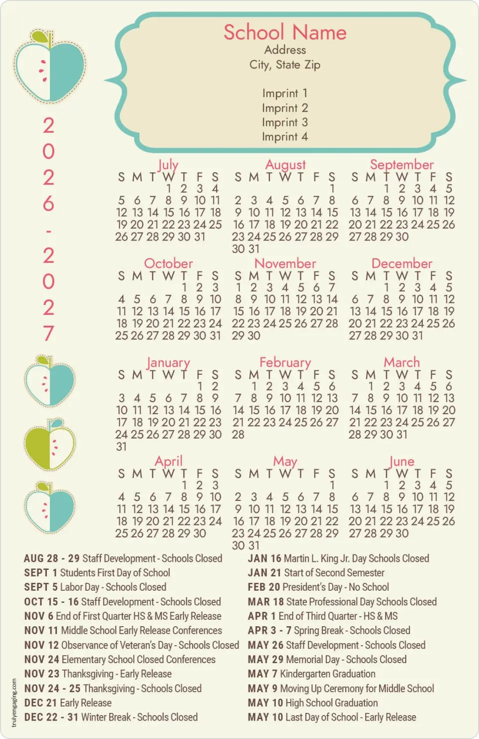 This is a 5½" x 8½" School Calendar Magnet called Apple of the Year printed in full color
