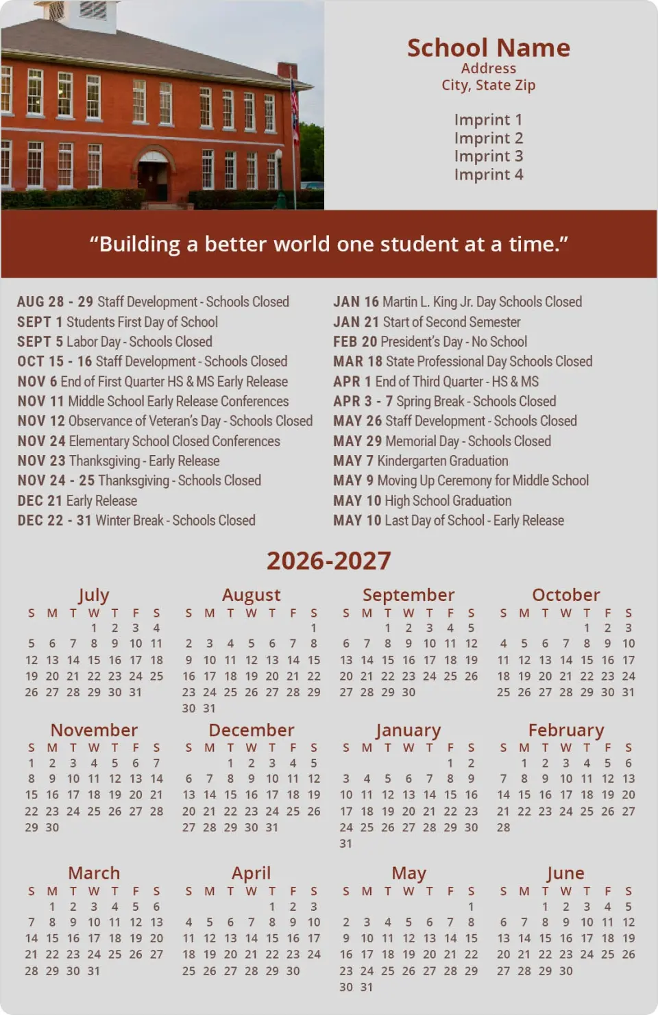 This is a 5½" x 8½" School Calendar Magnet called Classroom Chronicles printed in full color