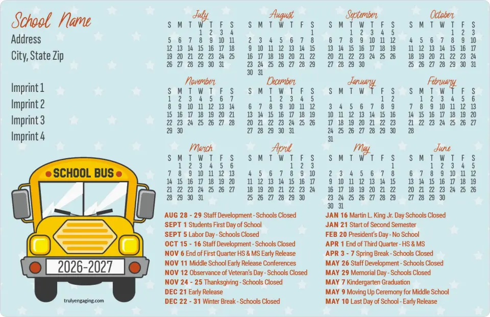 This is a 5½" x 8½" School Calendar Magnet called Gold Star Goals printed in full color