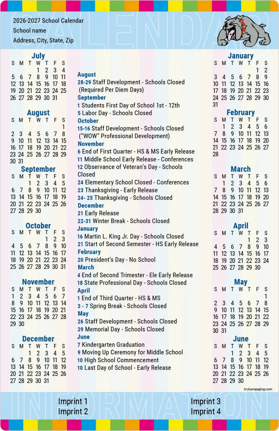 This is a 5½" x 8½" School Calendar Magnet called Campus Colors printed in full color