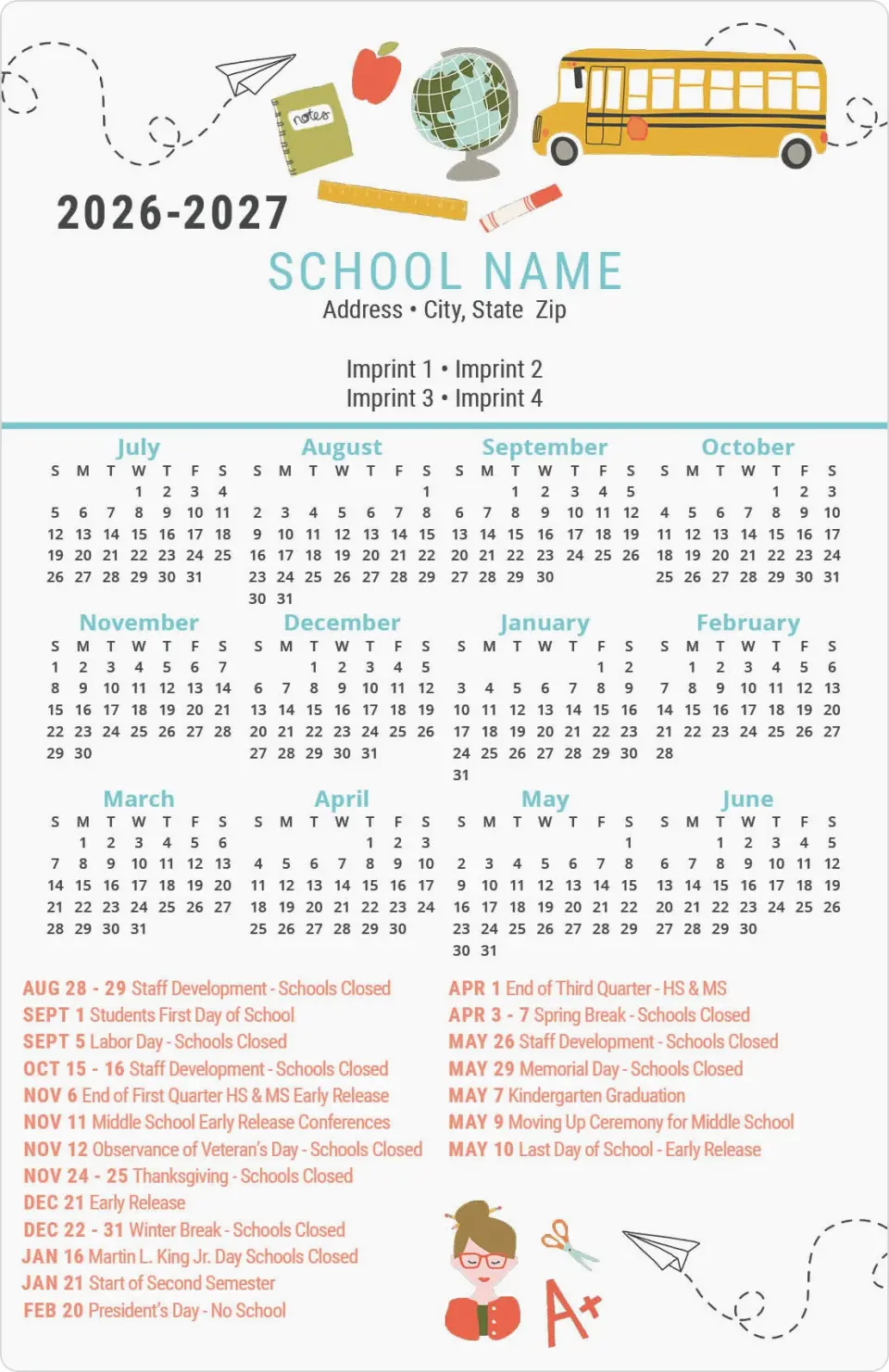 This is a 5½" x 8½" School Calendar Magnet called Crayons and Calculators printed in full color