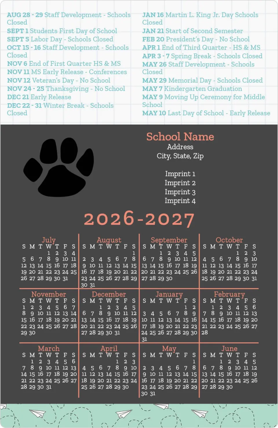 This is a 5½" x 8½" School Calendar Magnet called Flying Through the Year printed in full color