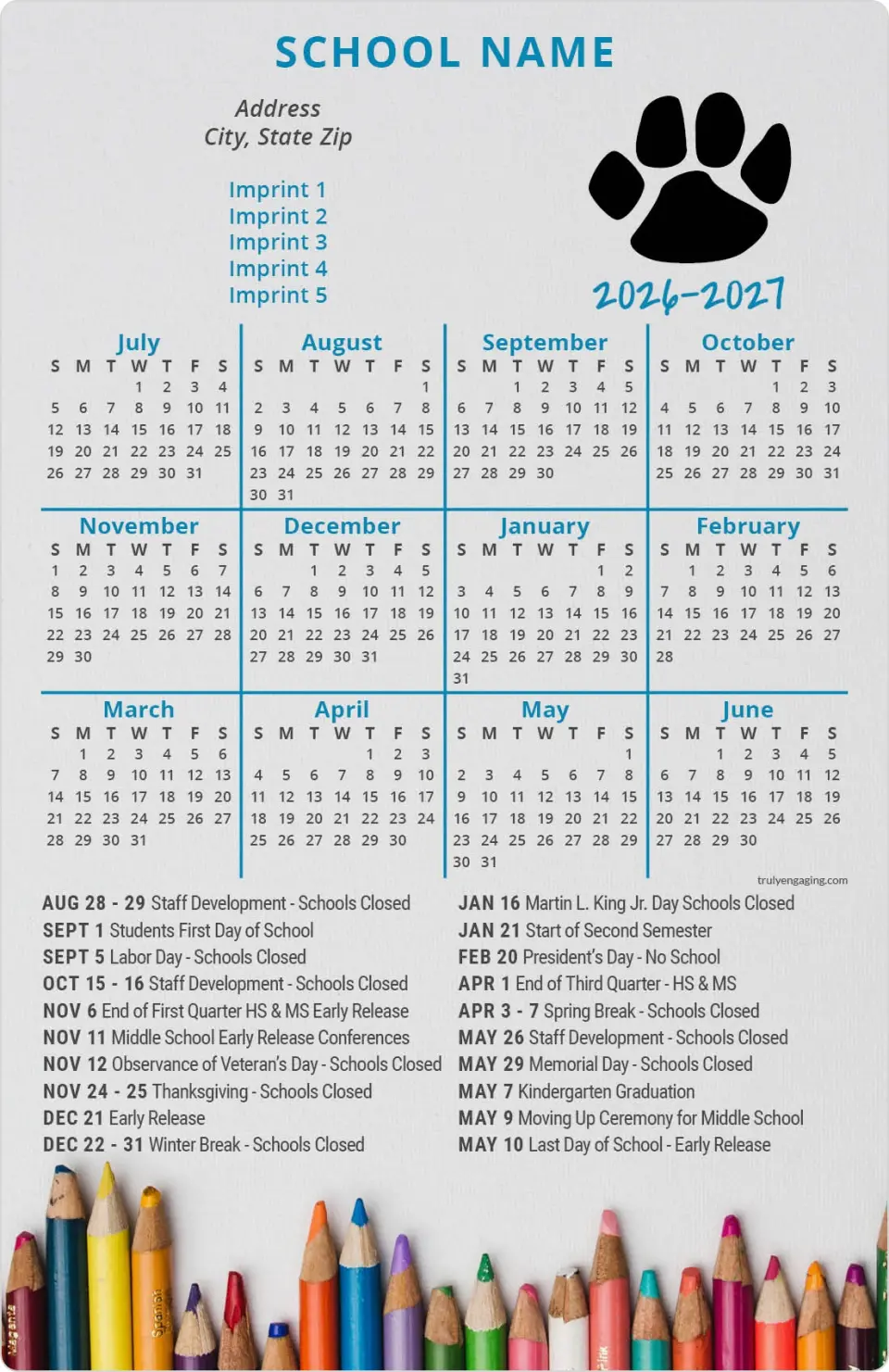 This is a 5½" x 8½" School Calendar Magnet called Pencil It In printed in full color