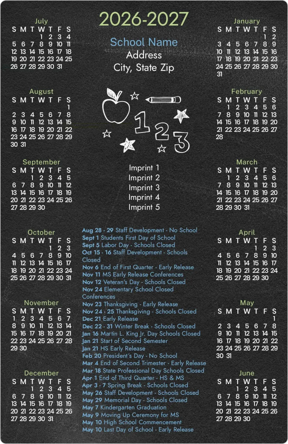 This is a 5½" x 8½" School Calendar Magnet called Back to the Chalkboard printed in full color