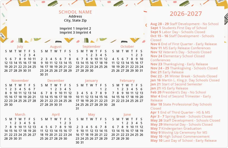 This is a 5½" x 8½" School Calendar Magnet called School Year Supplies printed in full color